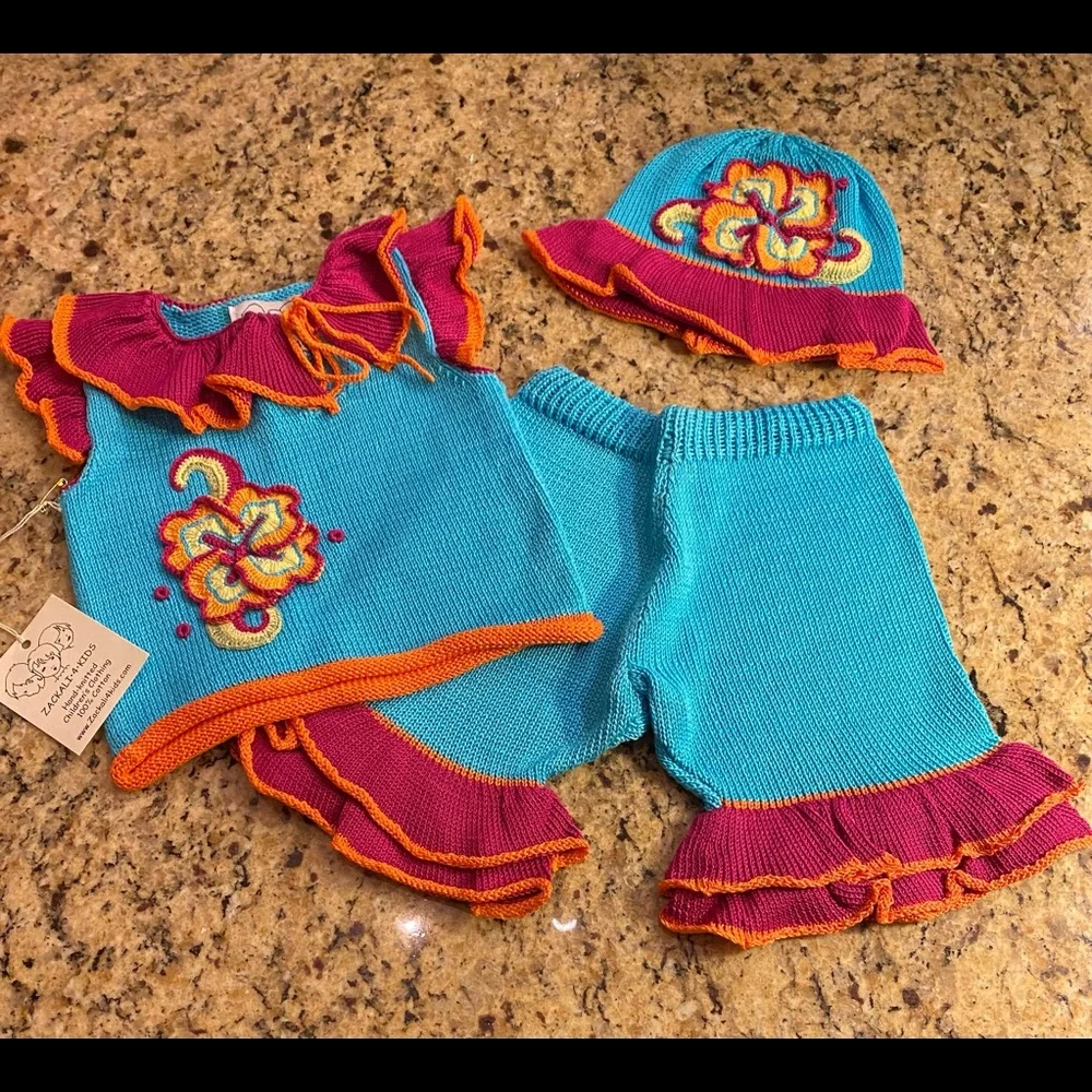 NWT *ZACKALI 4 KIDS* 100% Cotton Hand-Knitted 3-Piece Set: Size 6M - Picture 2 of 2